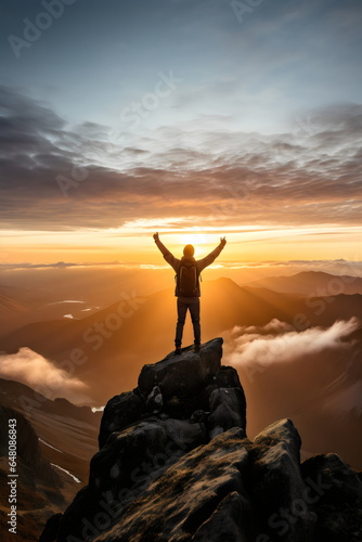 person standing on top of mountain peak celebrating holding up arms looking at sunrise or sunset, success