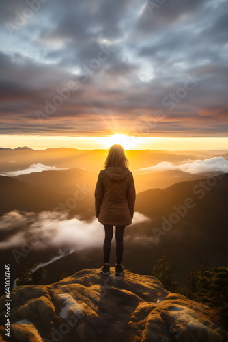 woman standing on top of mountain peak looking at sunrise or sunset, success © Ricky