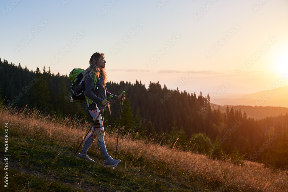 Woman tourist hiking in mountains at sunset. Sporty, positive woman traveling outdoors. Young, sporty female with backpack using trekking sticks, walking. Concept of harmony with nature.