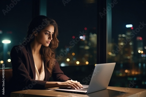 Young busy Latin business woman executive working on laptop at night in dark corporate office. photo
