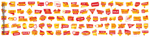Big set of red and orange promotion badges. Sale, discount, special offer, best price sticker tag collection. Set of shopping banner