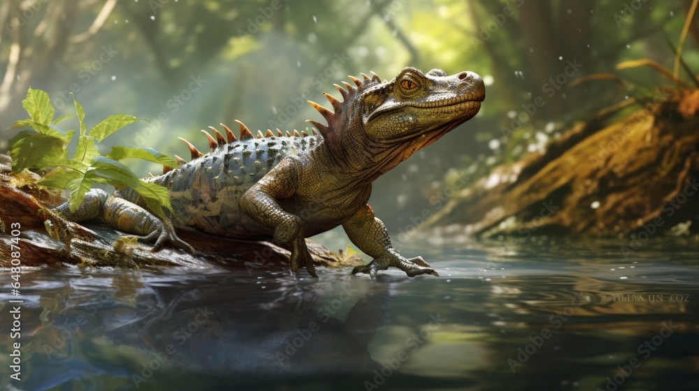 a basilisk lizard "walking on water" as it sprints across the surface of a calm jungle river
