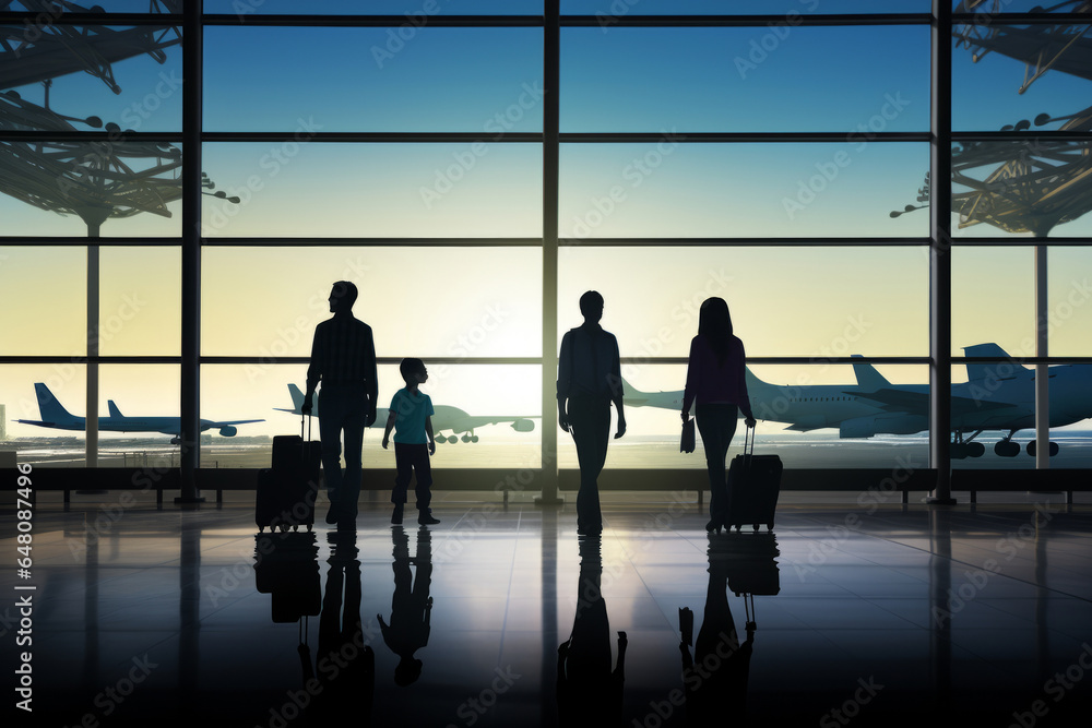Family travel, showcasing silhouette figures of family members inside an airport terminal.