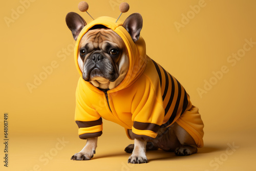 fat and grumpy bulldog dressed in funny bubble bee Halloween costume, anthropomorphic, vibrant colors, fashionable, cool, studio photography, minimalism. photo