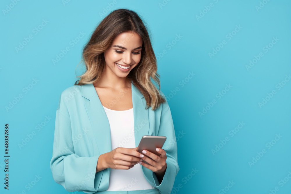 woman with phone on blue background. woman with phone on blue background.