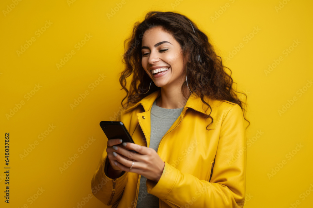 woman with phone on yellow background . woman with phone on yellow background .