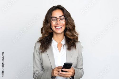 woman with phone on white background.