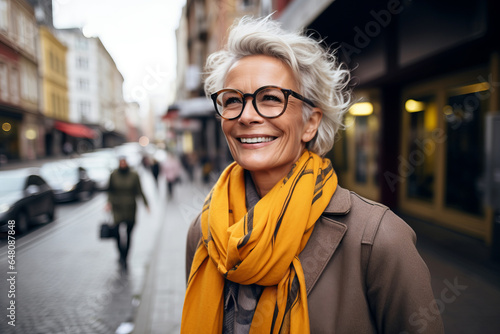 Happy attractive mature woman in the city . photo
