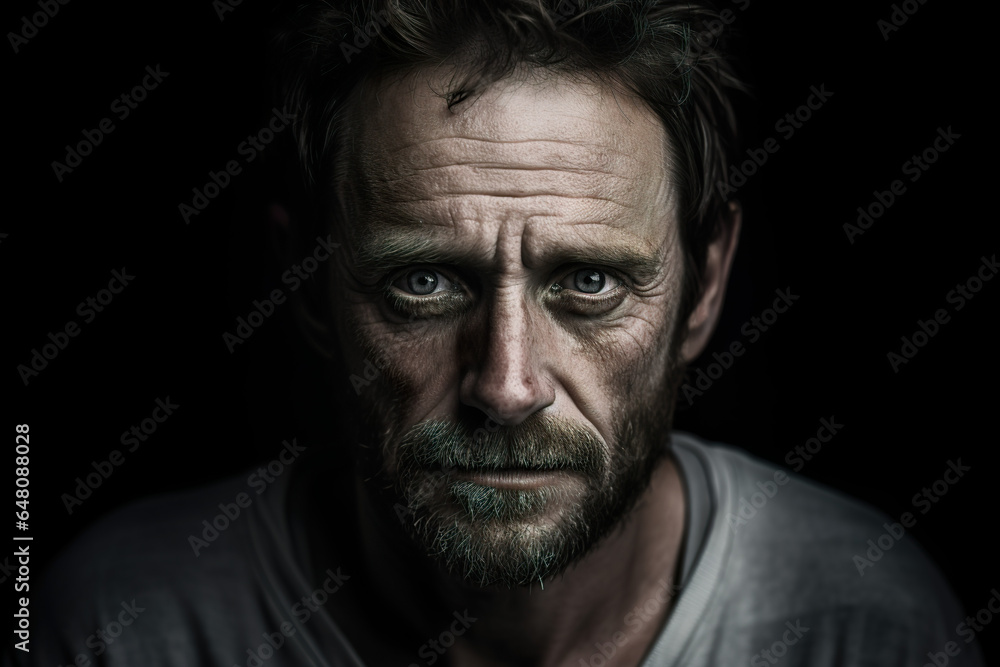 Tired man portrait in a black studio Tired man portrait in a black studio