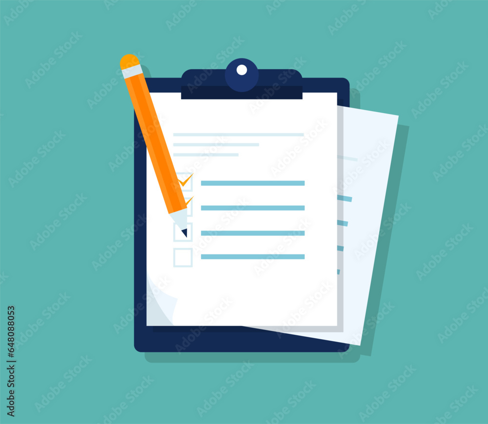 Checklist document. Business office documents with folder in a flat design. Paper document with checklist. Agreement, contract, check, audit document Checklist document. Business office documents with folder in a flat design. Paper document with checklist. Agreement, contract, check, audit document