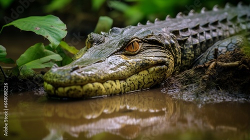 a caiman lurking at the water's edge in the Amazon rainforest, its eyes and snout partially submerged as it waits for prey