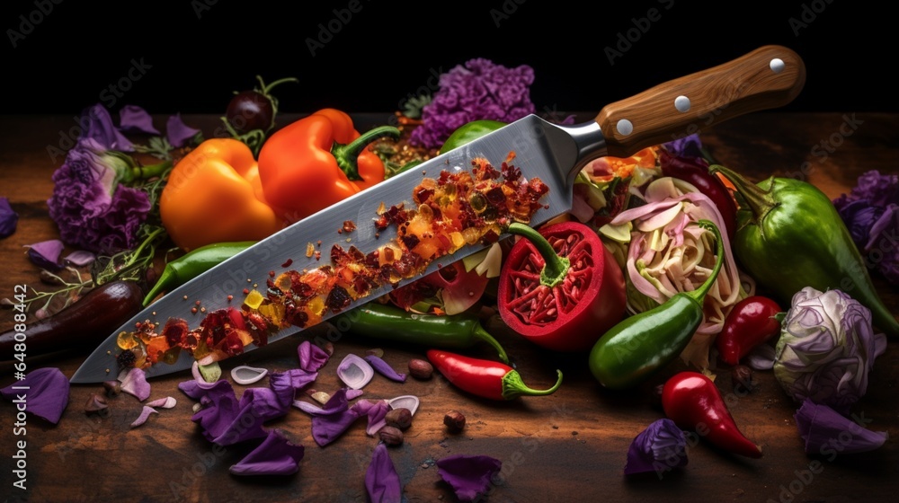 a chef's knife slicing through a variety of vibrant vegetables, capturing the artistry of culinary preparation