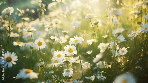 a chamomile meadow, with delicate white daisy-like flowers swaying in a gentle breeze, radiating tranquility