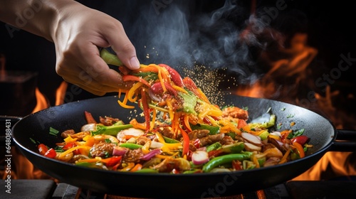 a chef's hands expertly tossing a stir-fry in a sizzling wok, with vibrant vegetables in motion and the aroma of sizzling flavors