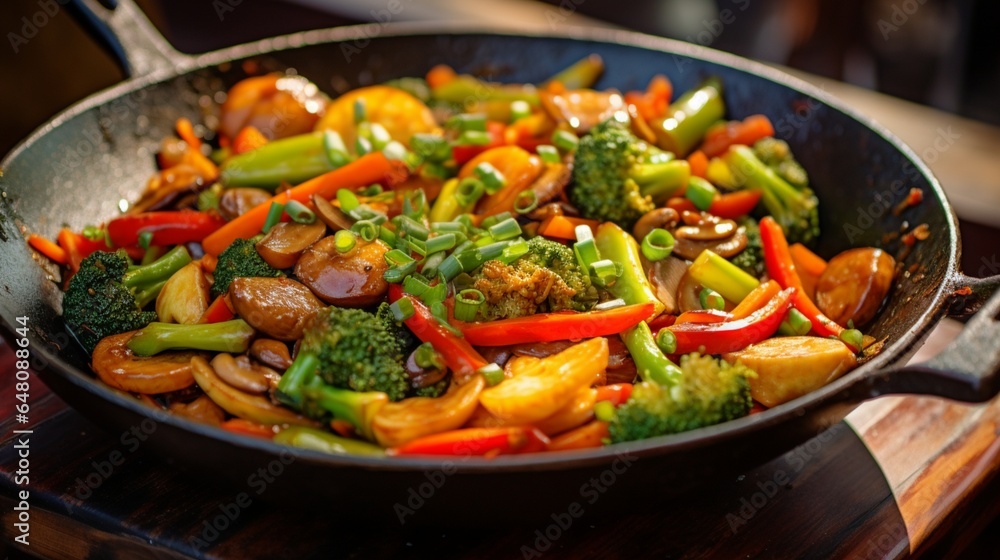 a colorful vegetarian stir-fry sizzling in a wok, with a medley of crisp vegetables in a flavorful sauce