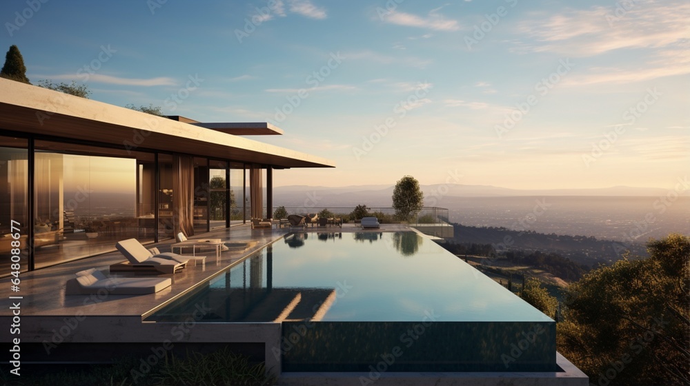a contemporary hilltop residence with a minimalist infinity pool, floor-to-ceiling windows, and panoramic views of the valley