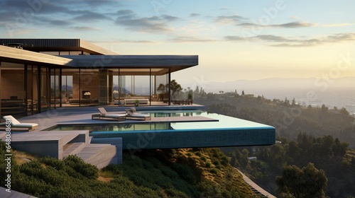 a contemporary hilltop residence with a minimalist infinity pool, floor-to-ceiling windows, and panoramic views of the valley © ishtiaaq