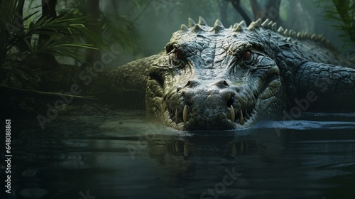 a crocodile lurking beneath the surface of a serene river, its powerful presence hidden beneath the water's edge