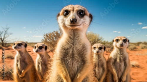 a curious meerkat colony, standing upright and surveying their desert habitat © ishtiaaq