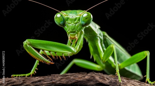 a curious praying mantis, its forelimbs folded in a characteristic pose, as it gazes with its striking green eyes