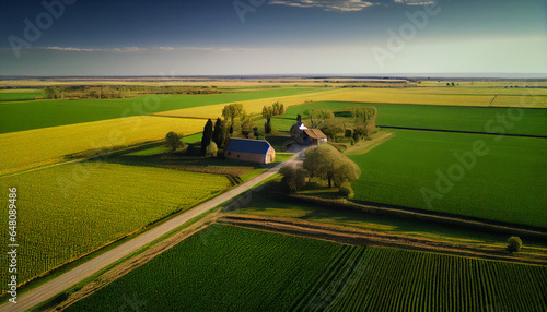 Aerial view of a rural landscape with green fields and plants and agricultural farm land of natural background, Ai generated image