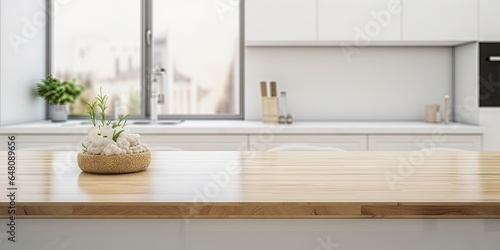 Rustic charm countertop. Empty wooden table space in kitchen. Urban elegance. Minimalist interior design. Morning light © Wuttichai