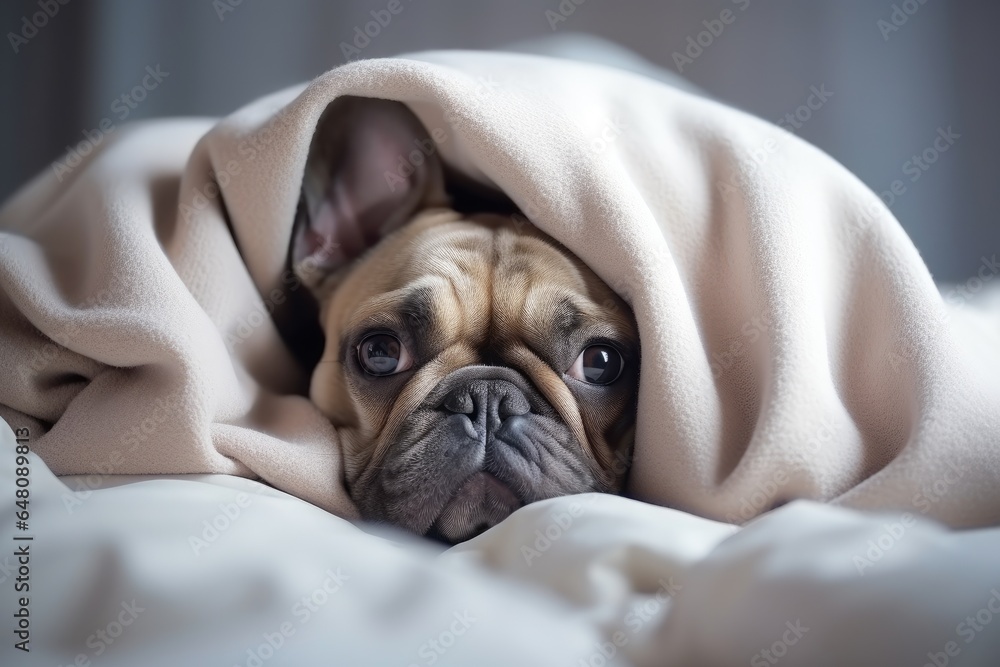 cute dog in bed under covers cozy home