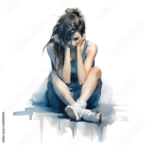 Mental disorder concept. Depression woman. Stress, despair, anxiety disorder, fatigue. Watercolor illustration.