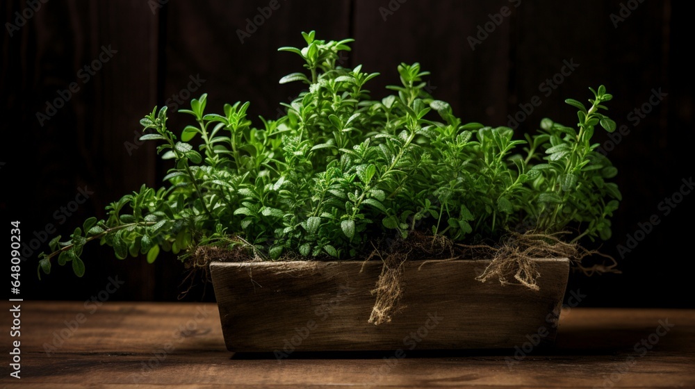 a flourishing thyme plant, with tiny leaves and woody stems that release a savory and earthy aroma when crushed