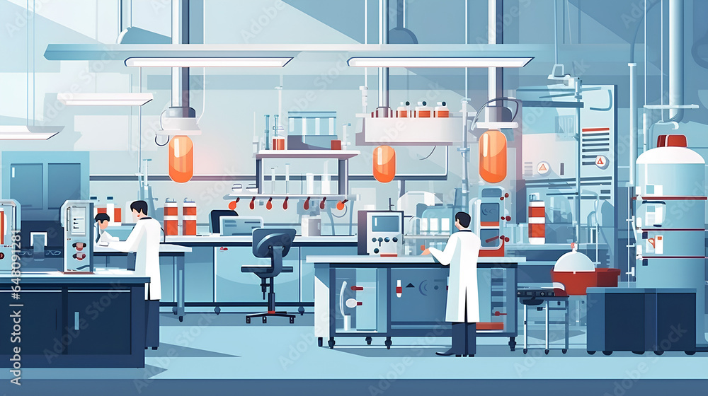 Illustration of scientists inside a laboratory workplace. Generative AI