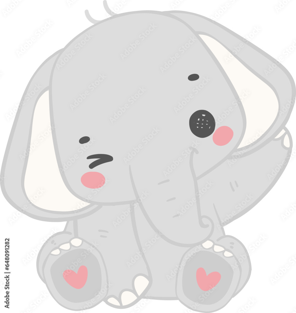 Cute elephant, kawaii baby animal sitting