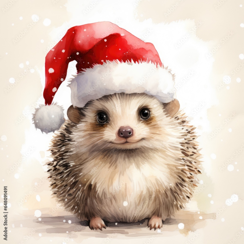 Watercolor illustration clipart of a happy cute hedgehog in the middle of the snow in the Christmas winter season Generative AI