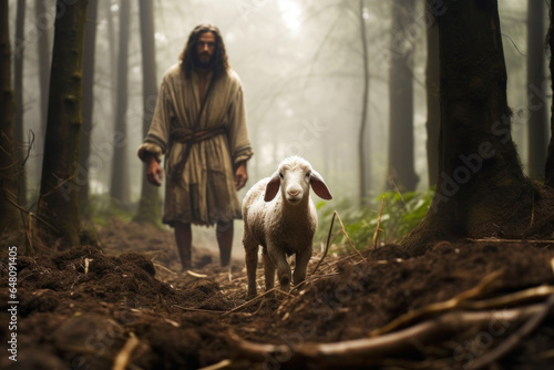 Jesus Christ The Shepherd in the middle of nature looking for and finding the lost sheep offering salvation Generative AI Illustration
