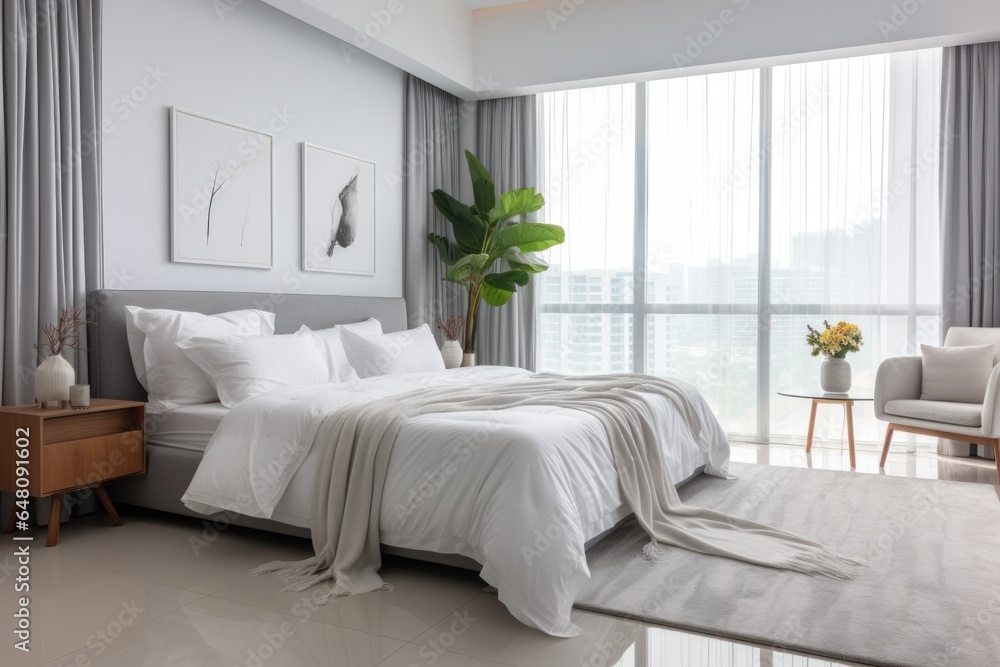 Fototapeta premium The interior of the white bedroom is decorated in a modern home style with contemporary furniture