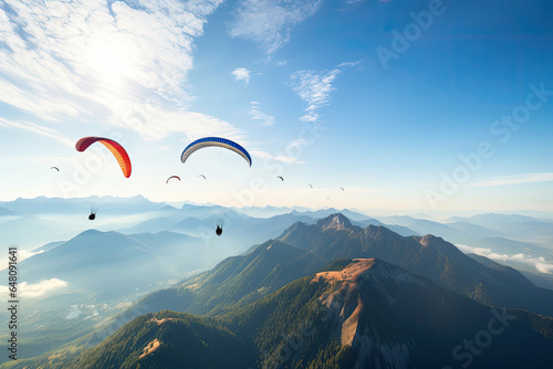 paragliding adventure flying with friends on mountain background sunny sky