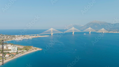 Patras, Greece. The Rio-Antirrio Bridge. Officially the Charilaos Trikoupis Bridge. Bridge over the Gulf of Corinth (Strait of Rion and Andirion), Aerial View photo