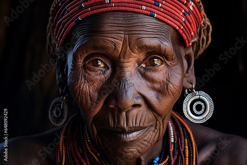 an elderly African woman from the Maasai tribe. Her earlobes, stretched and beaded, tell tales of tribal traditions