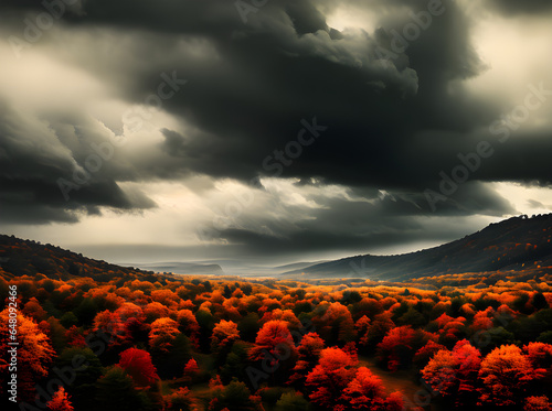 Autumn scenery  volumetric duotone stormy cinematic.