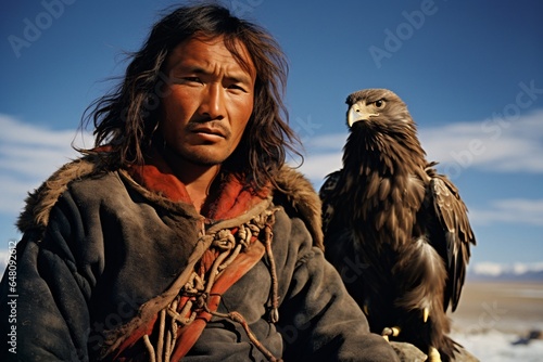 a seasoned Mongolian falconer, the windswept plains evident in his sun-kissed skin © Christian