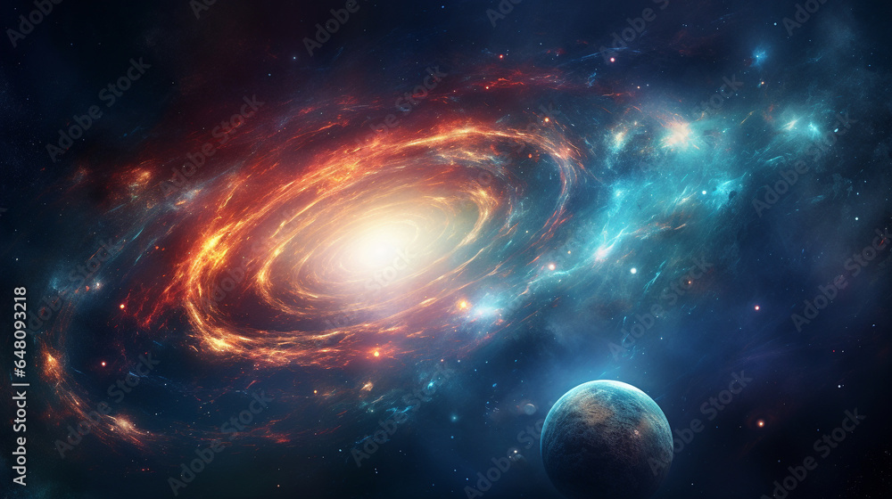 Cosmic voyage, space scene with swirling galaxy, nebula, and distant planet, energy and power of swirling galaxies and dark matter in space fantastic background
