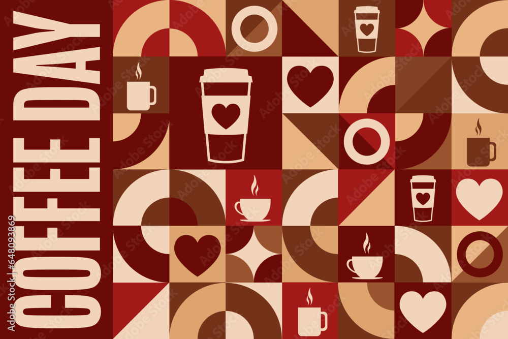 Fototapeta premium Happy Coffee Day. Holiday concept. Template for background, banner, card, poster with text inscription. Vector EPS10 illustration.