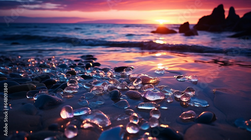 Beautiful Glass Beach  colorful pebbles  Fantasy seascape  dreamy atmosphere