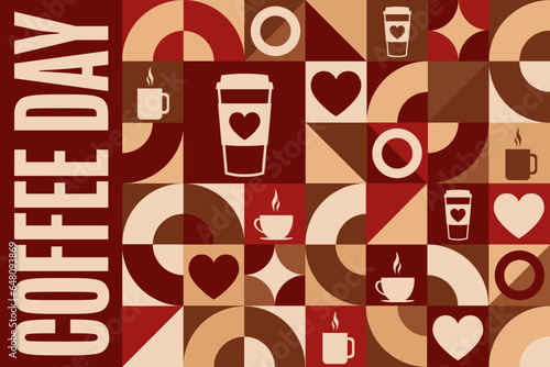 Happy Coffee Day. Holiday concept. Template for background, banner, card, poster with text inscription. Vector EPS10 illustration.