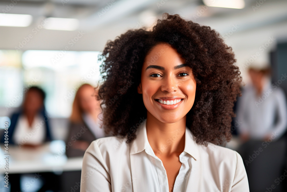 young woman with captivating, radiant features, representing African heritage, aged 32, confidently leading a team meeting young woman with captivating, radiant features, representing African heritage, aged 32, confidently leading a team meeting