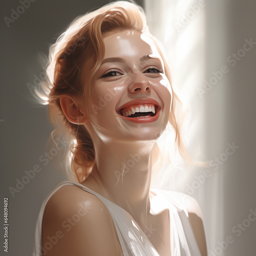 Happy laughing young beautiful woman in the sunshine, face close up. Perfect femele smile, high key style. AI generated. photo