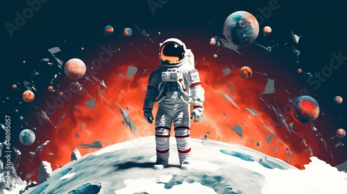 Fototapeta Naklejka Na Ścianę i Meble -  Collage art style concept that showcases space exploration. It features an astronaut in the vast expanse of space, with a stunning backdrop of various celestial bodies and planets.