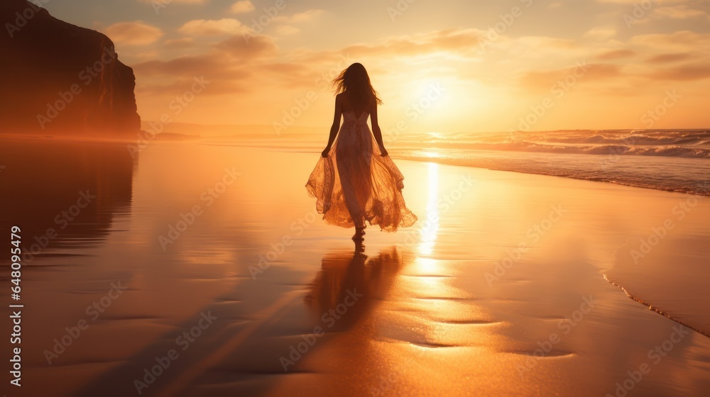 Fototapeta premium A beautiful young pretty girl walking outdoors at the beach.