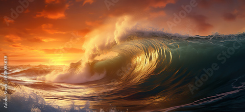 big wave of water during storm in open sea or ocean at sunset, nature background, generative AI