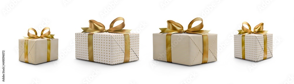 Side view of Christmas, birthday or valentine presents decorated in gold, golden spots and stripes with a gold ribbon bow isolated against a transparent background. - obrazy, fototapety, plakaty 