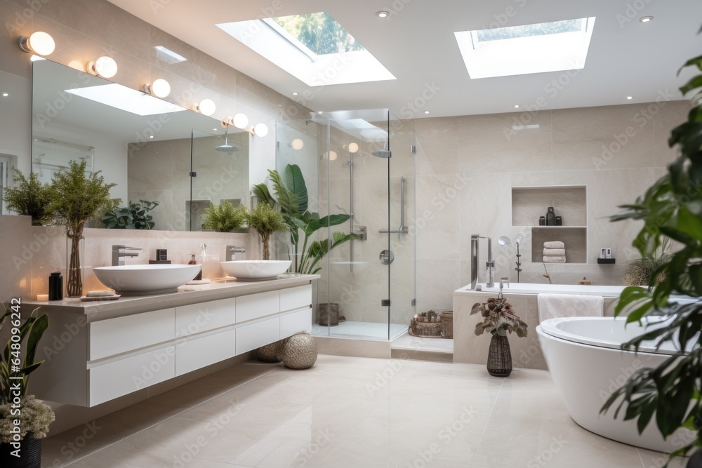 The interior of the white bathroom is decorated in a modern home style with contemporary furniture. The interior of the white bathroom is decorated in a modern home style with contemporary furniture.